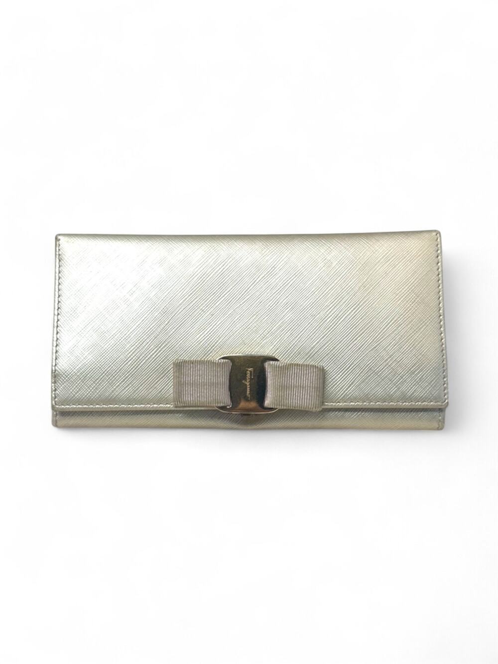Salvatore Ferragamo Vara Bow Metallic Gold Saffiano Leather Continental Wallet